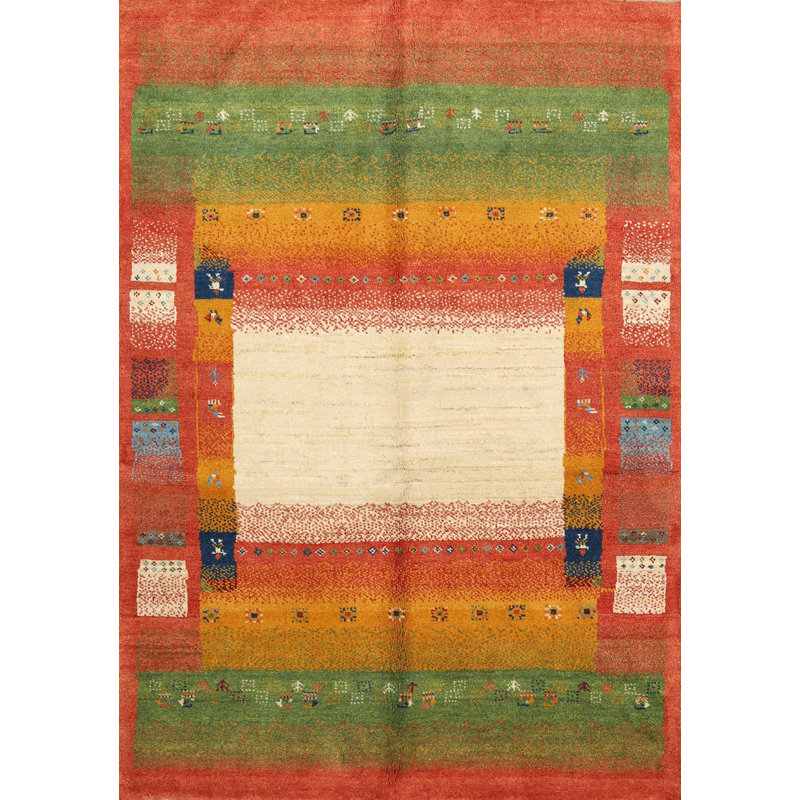 Tapis contemporain rouge / beige / vert, Rectangle 5 pi x 7 pi