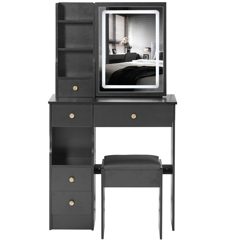 Small Space Left Drawer Desktop Vanity Table + Cushioned Stool, 2 AC+2 USB Power Station, Black 3