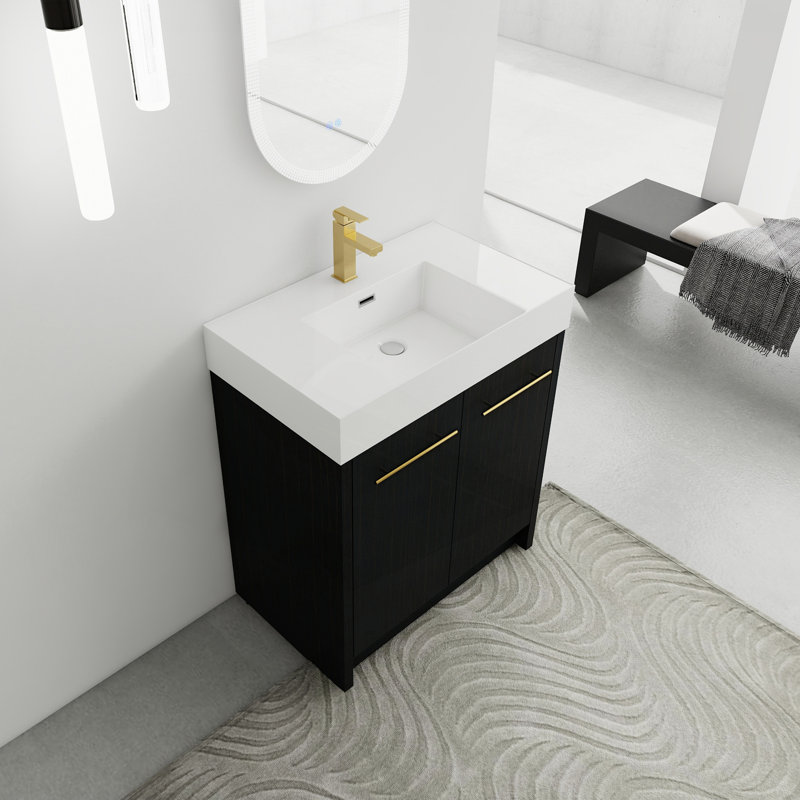 Meuble-lavabo autoportant de 30 pouces avec lavabo en résine, avec porte à fermeture douce, ensemble KD, 30"