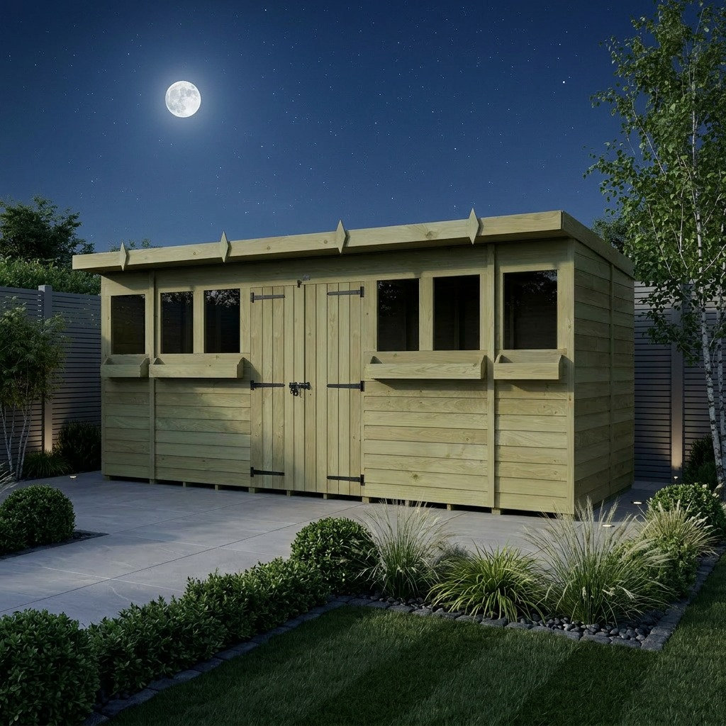 Total Sheds 16ft x 8ft Pent Summer Shed - Toughened Glass External Planters - Pressure Treated Timber - UK Manufactured