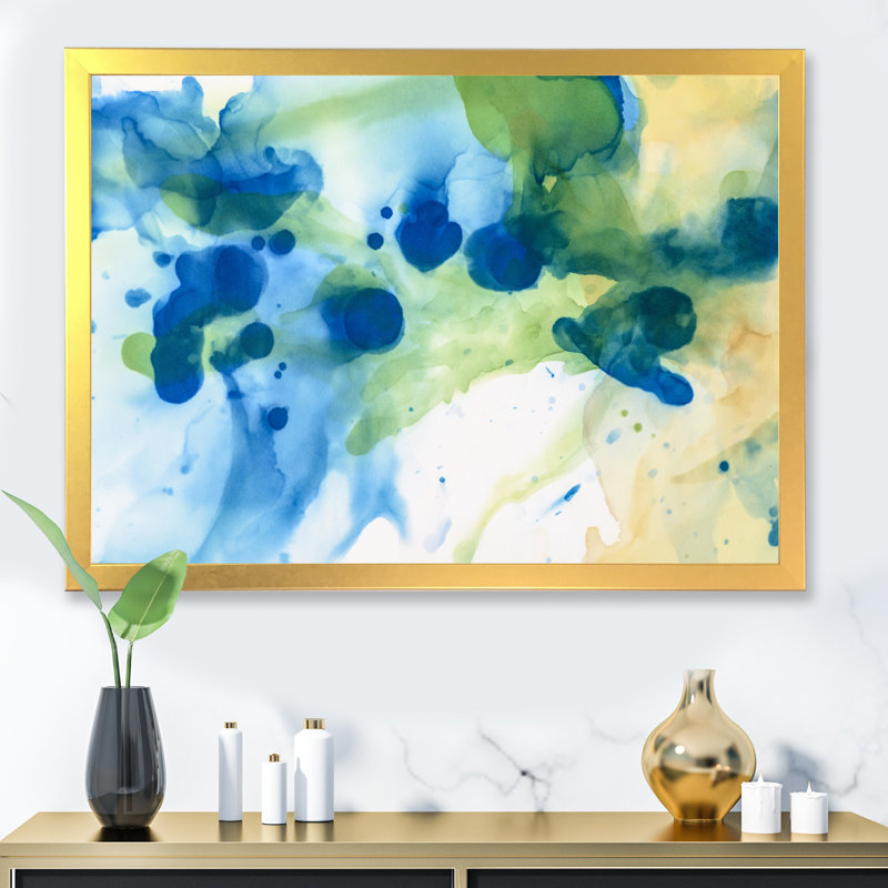 Encre verte, éclaboussures bleues et œuvres d'art sur toile moderne, Encadrement doré, H 24 po x l 36 po x P 1,5 po