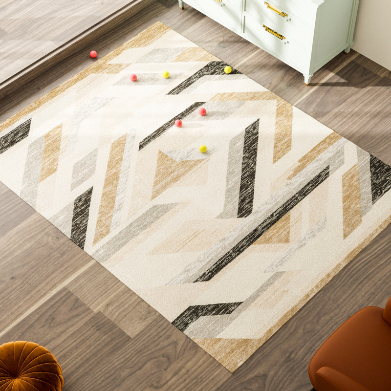 Modern Geometric Turkish Machine Woven Area Rug in Black/Beige/Gray, Rectangle 7' x 9'