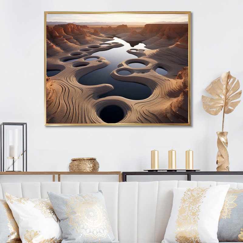 Mysterious Futuristic Desert Lake I - reproduction imprimée, 16" H x 32" W, Cadre flottant doré