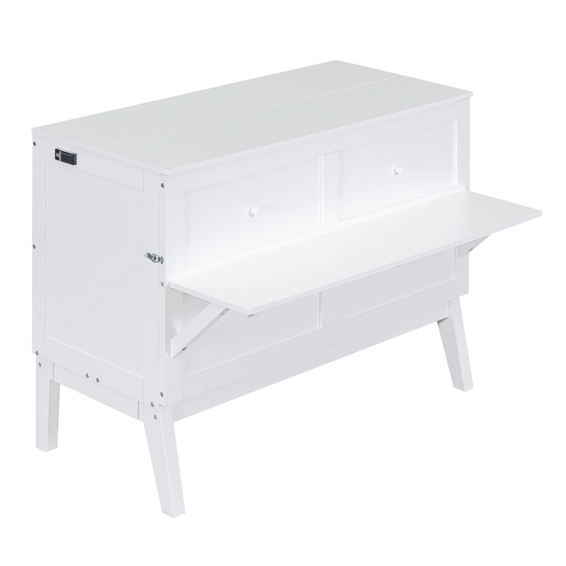 Lit escamotable en bois avec port USB et tablettes amovibles Hensley, Lit double, Blanc