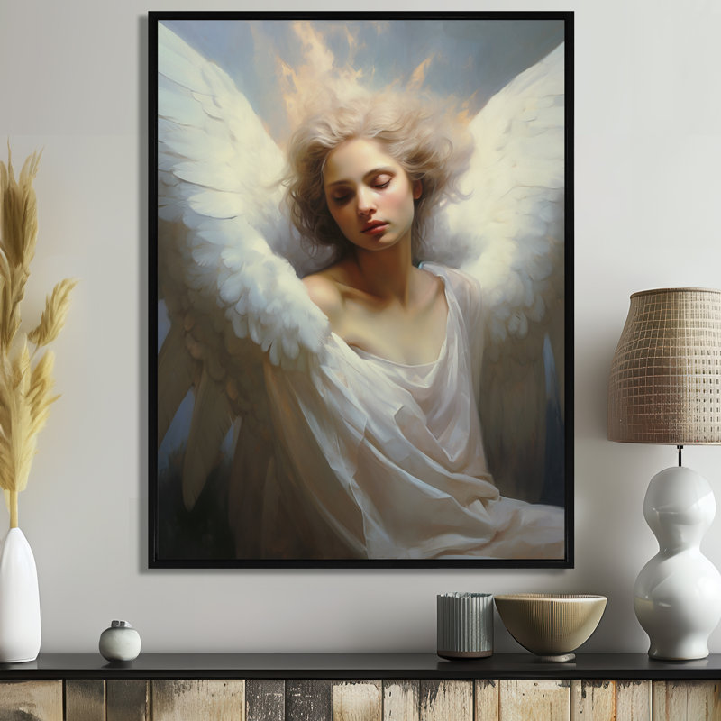 Portrait d'ange blanc serein - chambre de bébé, Cadre flottant noir, H 20 po x l 12 po