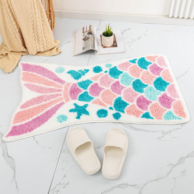 Mermaid Bliss Bath Mat - Adorable Pink Ocean Fish Scales Tail Shape, Non-Slip Soft Microfiber, Absorbent Bathroom Decor Rug for Shower, Bathtub, Doorway - 39.4x23.6in