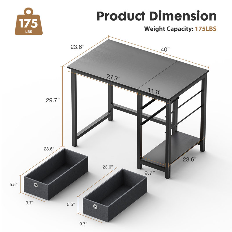Computer Writing Desk Home Office PC Table with 2 Fabric Drawers, Headphone Hook, Black, 29.7" H x 40" W x 23.6" D
