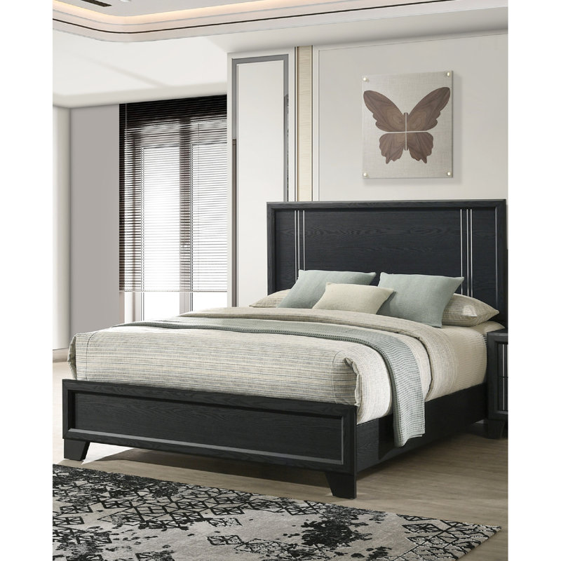 Grand lit à panneau 1Pc contemporain avec finition bois et gris anthracite, décoration de chambre à coucher, 84,38 po x 63,85 po H 54 po, bois lavé par sommier, Essentiel