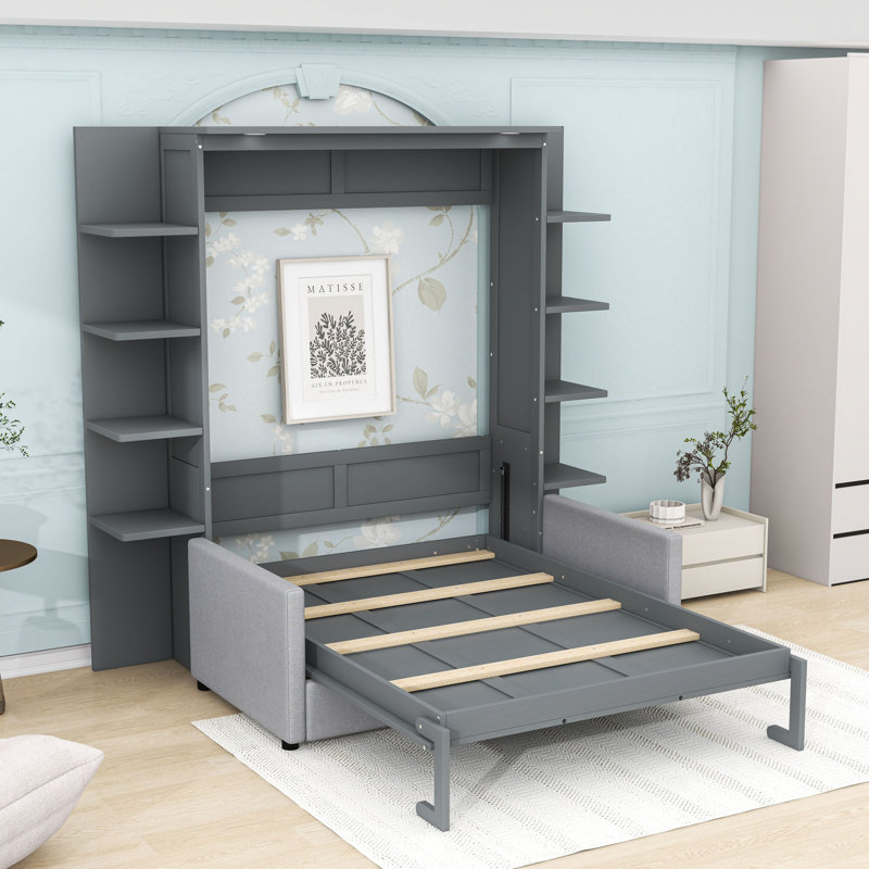 Grand lit escamotable avec canapé et tablettes de rangement, Gris