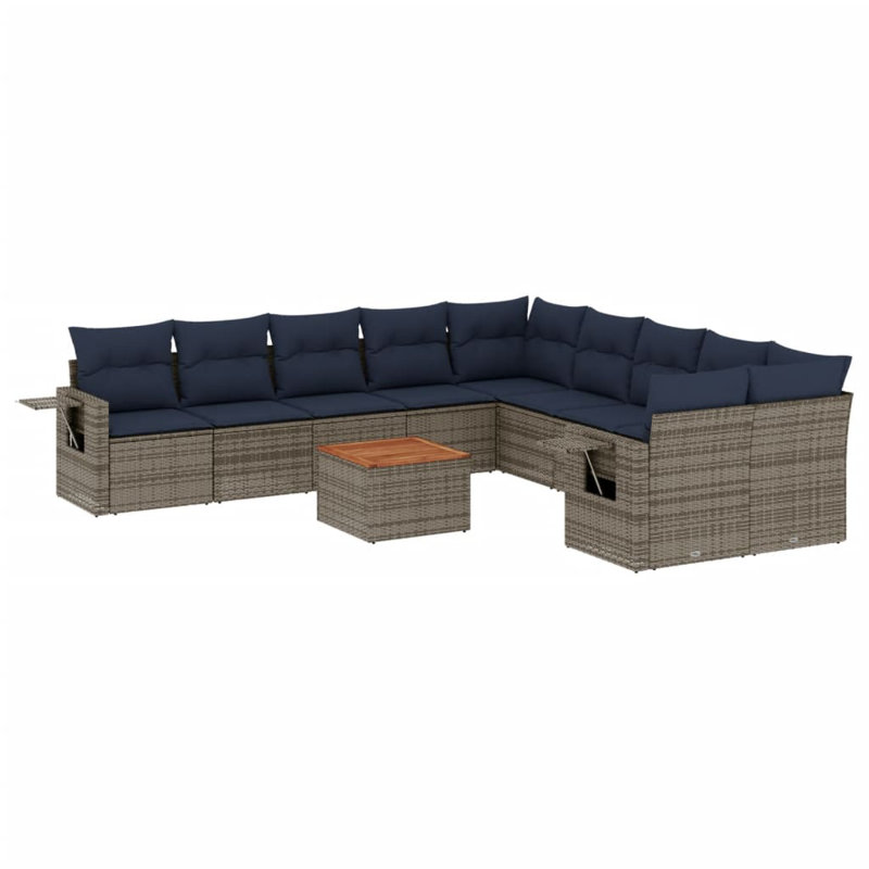 Ensemble de canapé de patio 11 pièces avec coussins en rotin de polyester, Gris, Bleu foncé