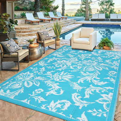 Waterproof Outdoor Rug 8x10 for Patio, Foldable Reversible Modern Area Rug, Large Plastic Straw Mat for Camping, RV, Porch, Backyard, Deck, Picnic, Beach, Blue