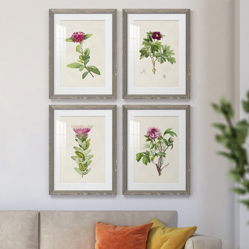 Pretty Pink Botanicals II - ensemble de 4 reproductions de cadres photo, H 24 po x l 72 po x P 1,5 po, Gris