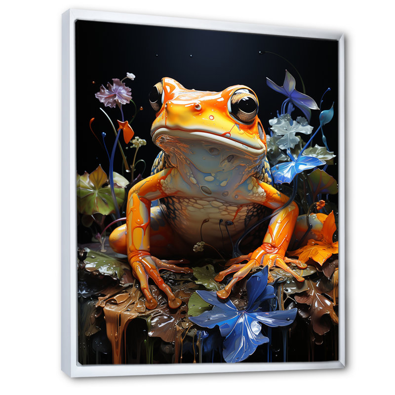 Grenouille orange sur verre, impression sur toile, Cadre flottant blanc, H 32 po x l 16 po x P 1 po