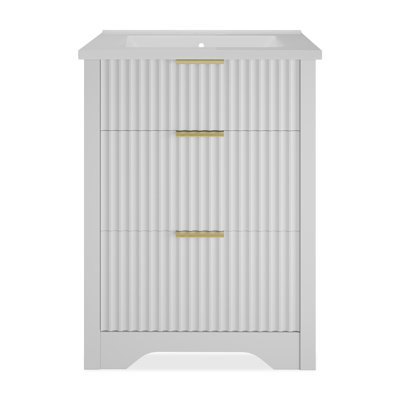 24" Fluted Bathroom Vanity with Sink, Freestanding Farmhouse Bathroom Cabinet with 2 Drawers and Flip-Down Drawer
