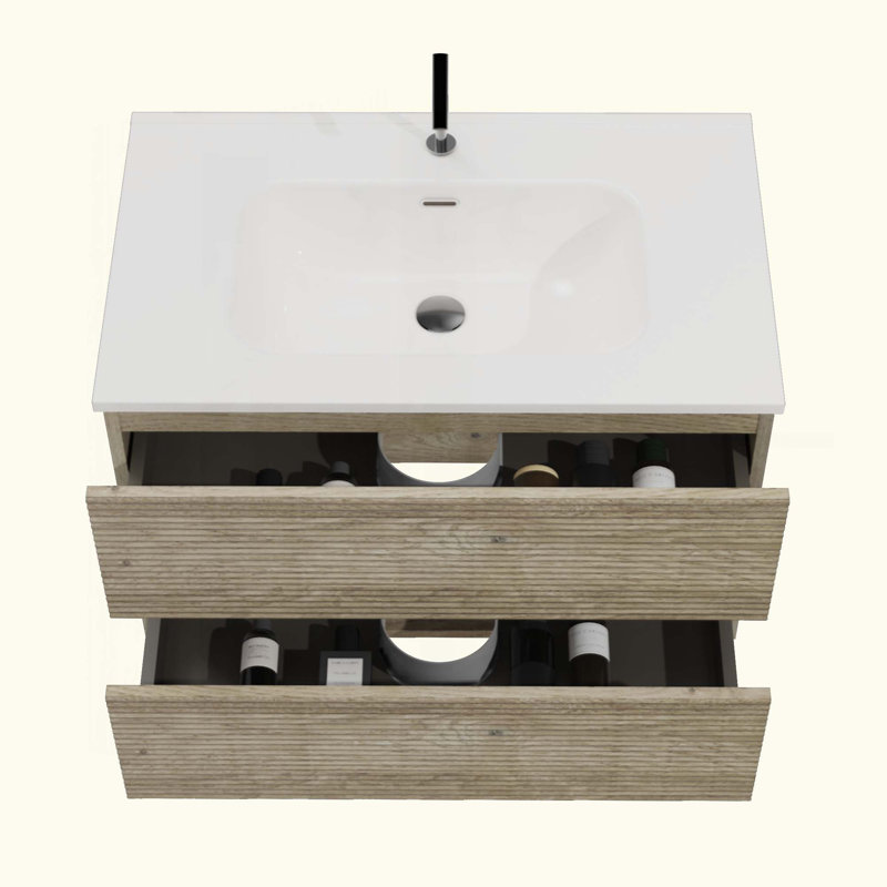 Meuble-lavabo mural en chêne brut et chêne brut avec lavabo en céramique intégré avec trop-plein, grand meuble-lavabo flottant avec rangement pour salle de bain moderne, KD