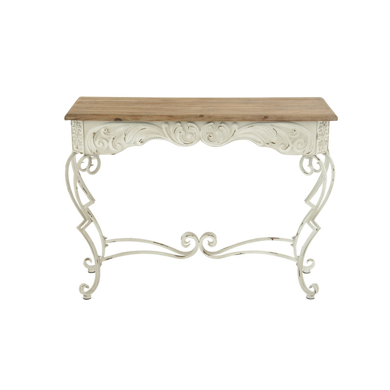 French Provincial White Metal Scroll Console Table with Fir Wood Top