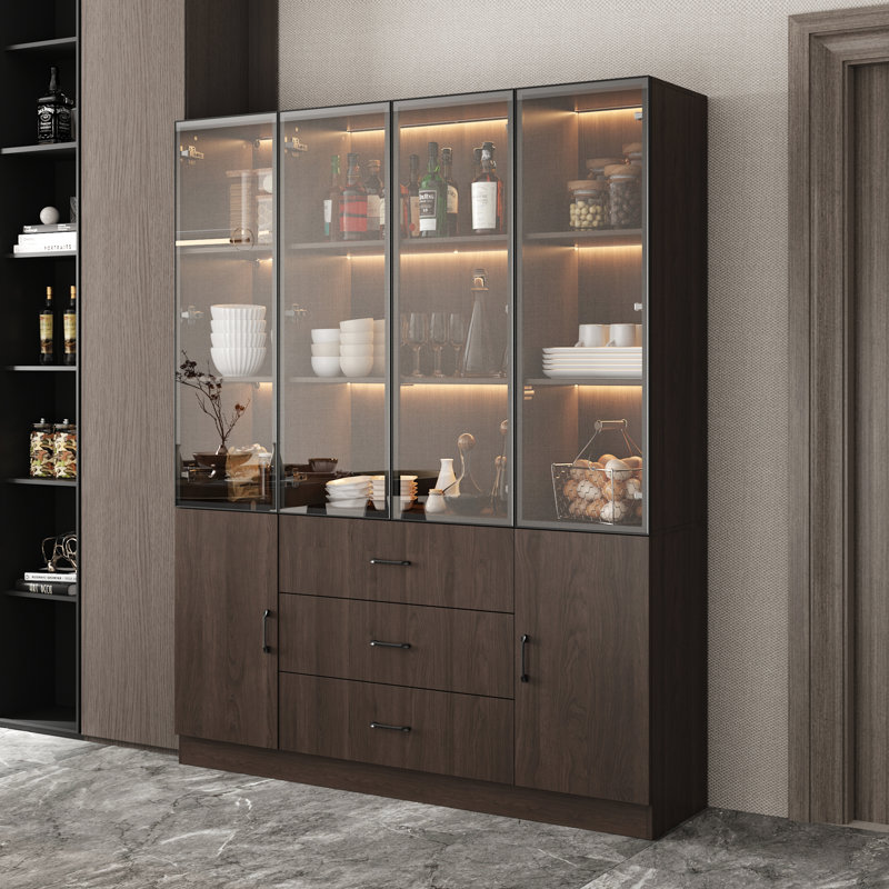 Modern MDF And Aluminum Frame Bookcase With 4 Tempered Glass Doors, 3-Color LED Lighting, And 3 Large Storage Drawers