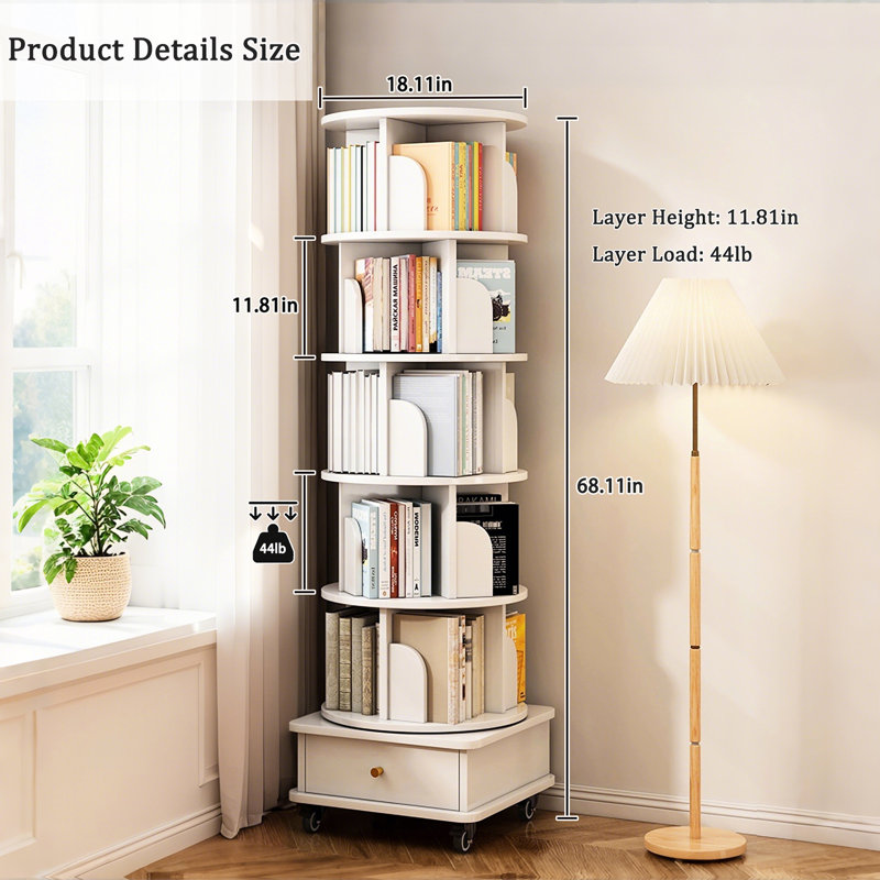 Bibliothèque blanc chaud à 6 niveaux avec roulettes 360 ° avec roulettes, tiroir et chicane, espace, pour salon, chambre à coucher, bureau - rangement multifonctionnel rotatif pour la maison, le bureau, la chambre à coucher