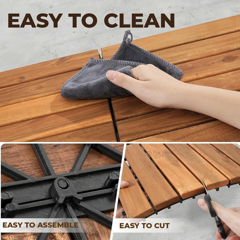 Carreaux de terrasse imbriqués en bois d'acacia - Revêtement de sol extérieur et intérieur pour patio, jardin, balcon, bord de piscine, couleur teck