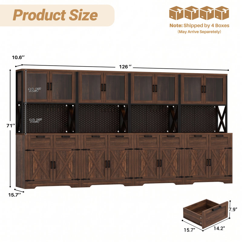  Armoire de rangement pour garde-manger de 71 po avec support pour micro-ondes, Distressed Brown, 4 unités