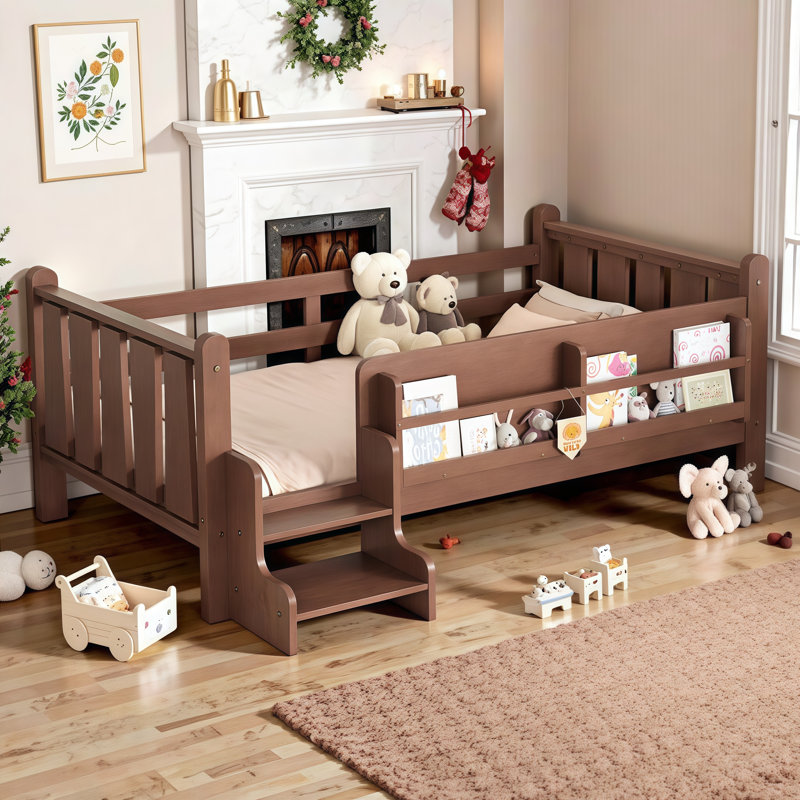Lit en bois massif pour enfants avec bibliothèques de rangement et escaliers amusants - lit simple pour dormir en toute sécurité, sans sommier
