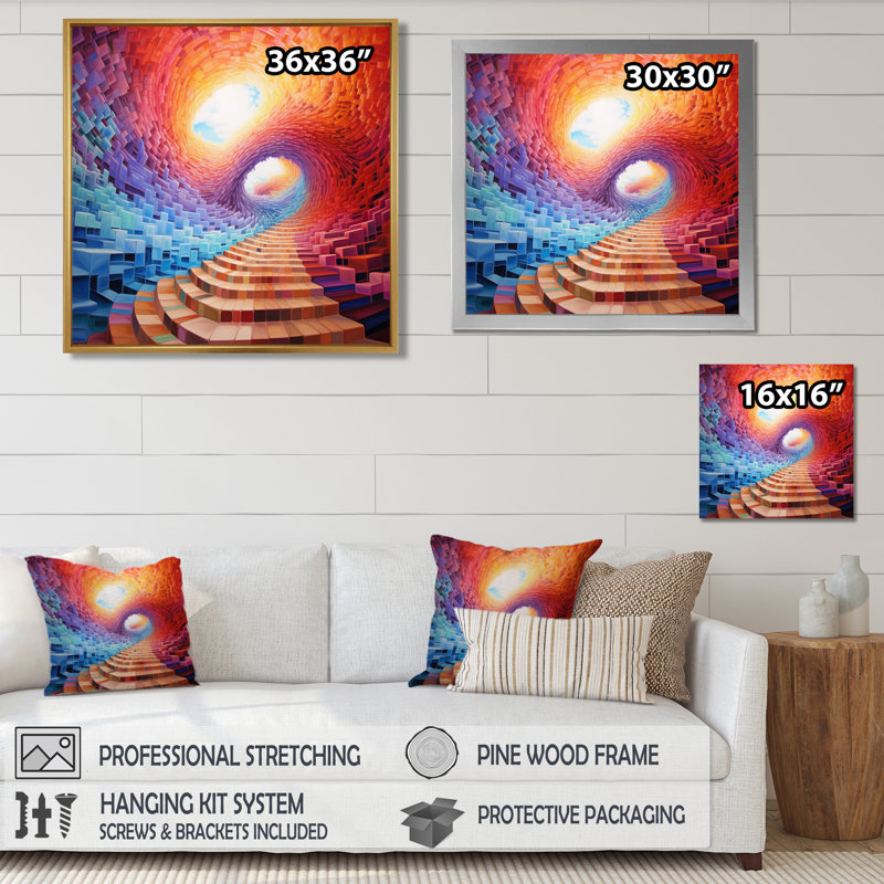 «Stairs To Rainbow Infinity», paysage abstrait, art mural, H 16 po x l 16 po, Black Floater Framed