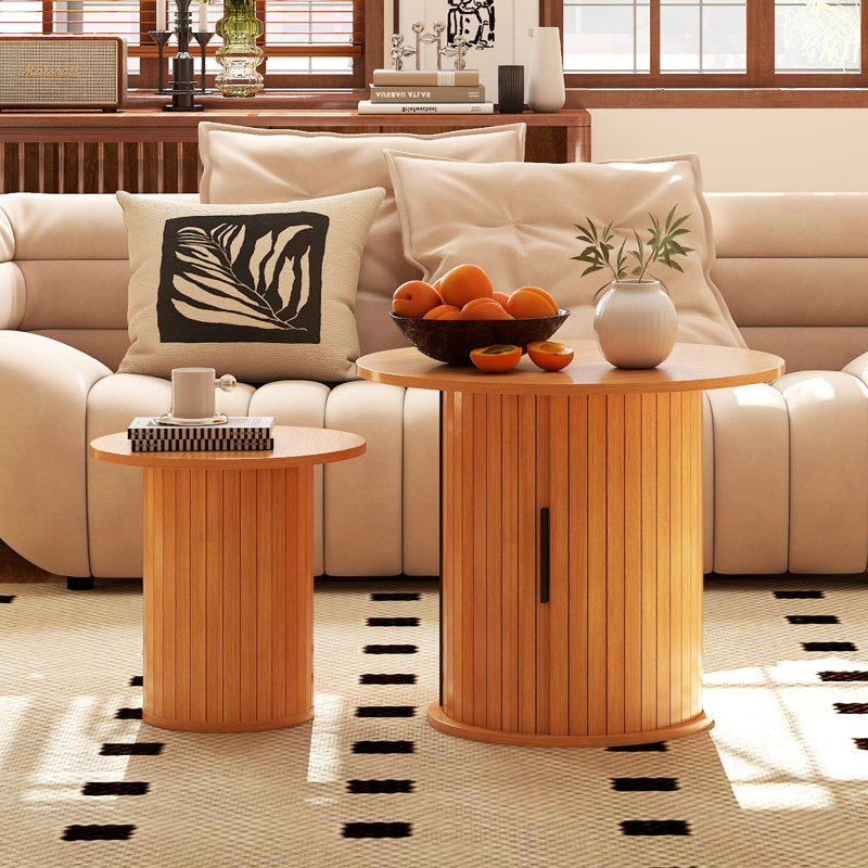 Wooden  Nesting Of Coffee Table With Metal Frame, Set Of 2 Spacious Top Coffee Table Sets With Hidden Storage Space, Natural
