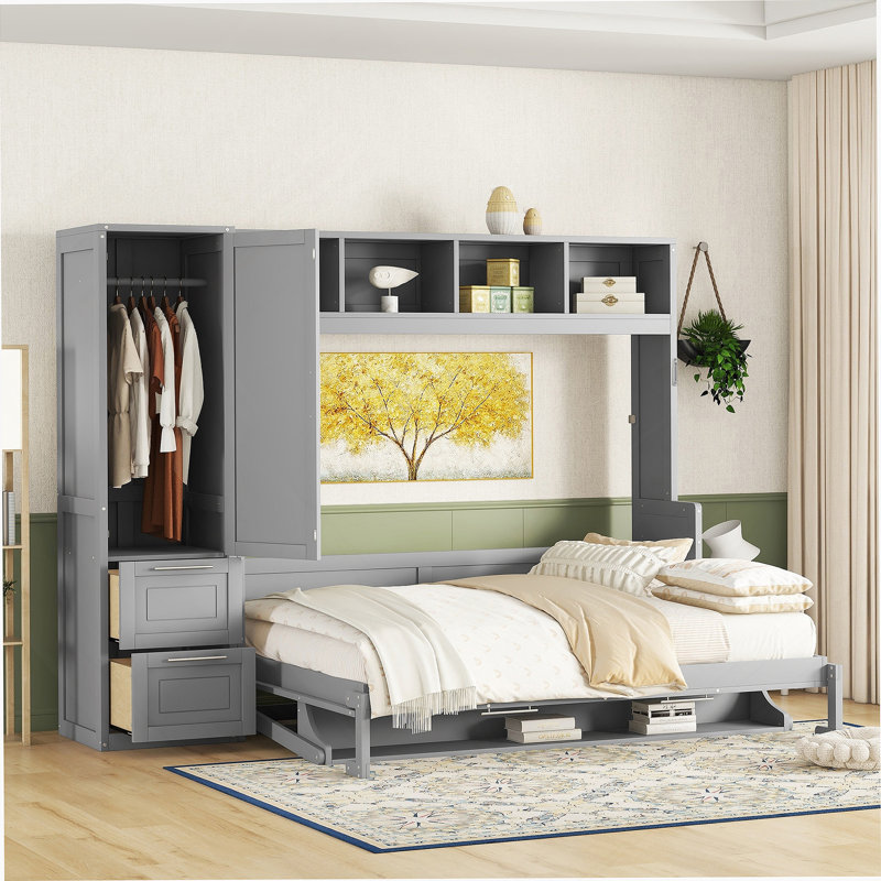 Grand lit escamotable mural avec placard et tiroirs, gris, Gris