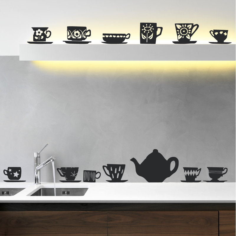 Décalcomanie murale tasses de thé, H 23 po x l 24 po x P 0,01 po, Noir