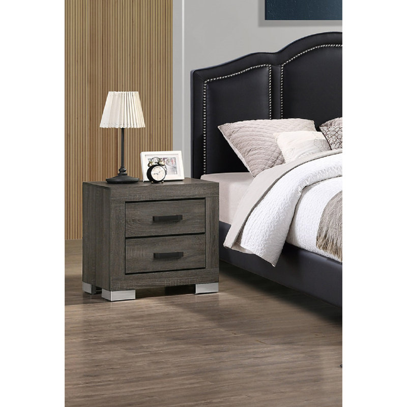 Table de chevet en bois gris, 2 tiroirs, poignées noires - attrayant ajout attrayant
