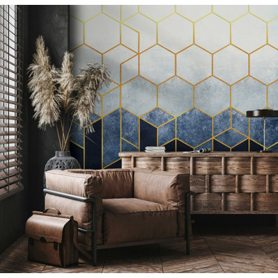 Navy Blue Gold Hexagon Geometric Wallpaper