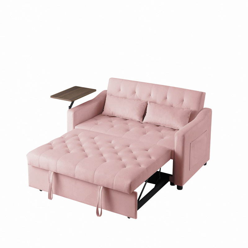 Canapé-lit en velours rose - canapé-lit convertible à 3 positions, conception moderne capitonnée avec table d'appoint rotative, assemblage facile