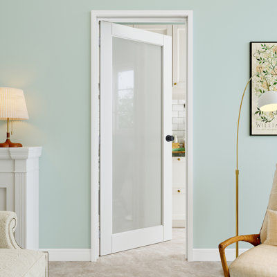 18" x 80" 1-Lite Frosted Glass Interior Prehung Door with Curve Lever and Silver Hinges, Privacy Glass Door Slab, Paintable & Waterproof, Suit for Laundry, Closet Doors, Room Doors, Right Hand