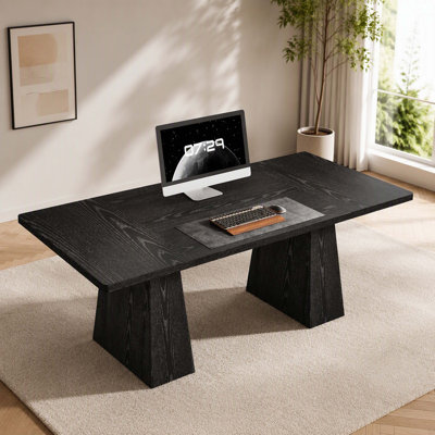 Matte Black Solid Wood Grain Executive Desk with Tapered Double Pedestal Legs, 63 Inch Large Modern Home Office Computer Table