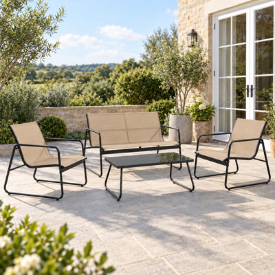 4-Seater Garden Lounge Set with Mesh Seating and Glass Coffee Table, 4 Pieces