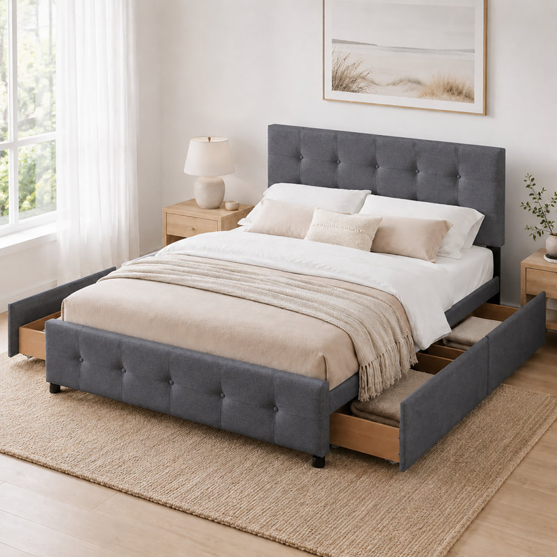 Grand lit plateforme avec rangement et quatre tiroirs Modern, Gris foncé