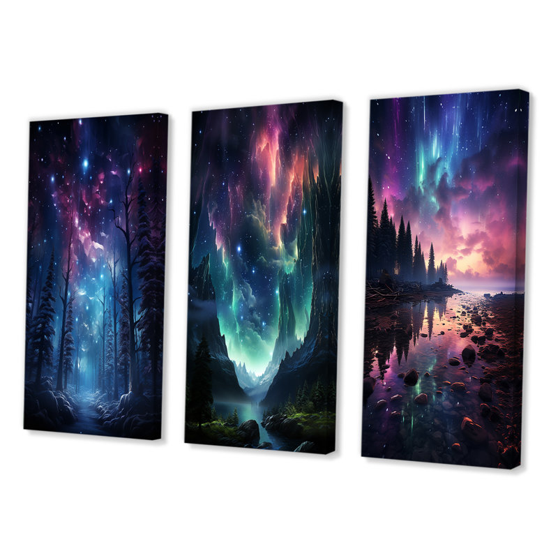 «Aurora Borealis Dancing Lights», 3 pièces sur toile, H 32 po x l 48 po, Toile tendue