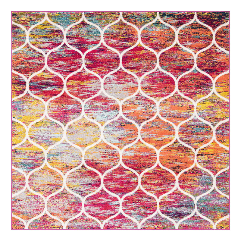 Tapis géométrique Llanet, Carré 7 pi 10 po, Rouge multicolore