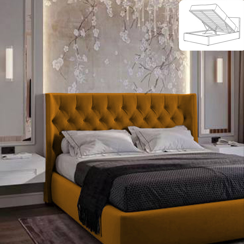 Rebeca Wingback Ottoman Storage Bed - Plush Velvet Gas Lift Bed Frame with Headboard, Single (3'), Mustard