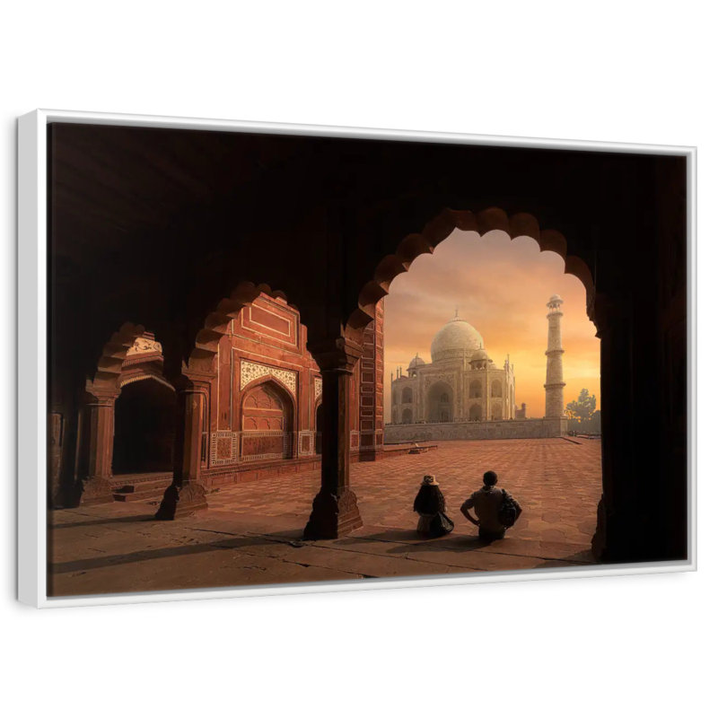 Vue du coucher de soleil du Taj Mahal, Cadre flottant blanc, 13 po x 9 po