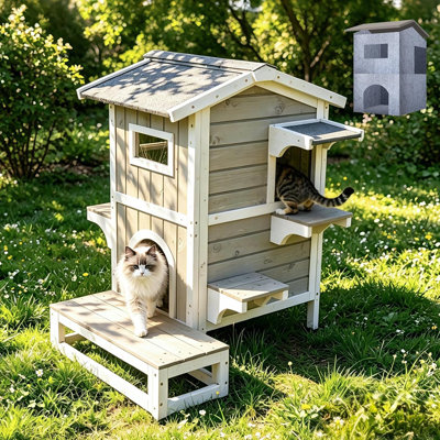 Outdoor Cat House Two-Story Cat Shelter with Platform