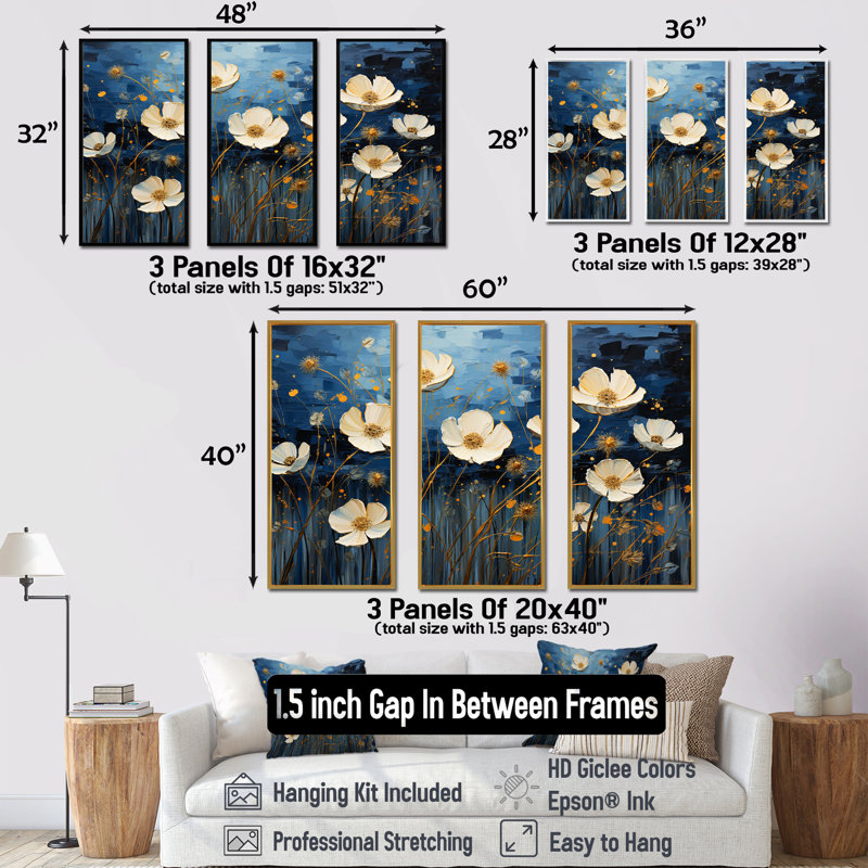 «Midnight Indigo Buttercups - Buttercups», ensemble d'art sur toile, Cadre naturel flottant, H 32 po x l 48 po x P 1 po