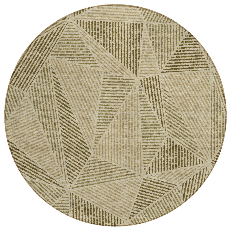 Tapis extérieur rond lavable géométrique brun et beige 8 pi