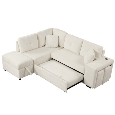 Roomfitters Convertible Sleeper Sectional Sofa Bed with Storage Ottoman, Two Throw Pillows, Two Stools, Wireless Charger, and Hidden USB Ports for Living Room, Dark Grey