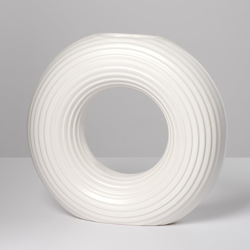 Halo 9" Ribbed Donut Ceramic White Vase, White