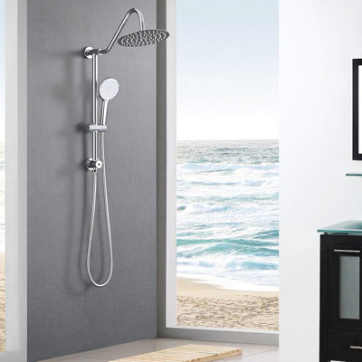 Pomme de douche à pluie de 10 po et système portatif - Fixation murale, métal, finition, 3 modèles de jet, hauteur réglable, support en métal avec revêtement anticorrosion avec glissières, barre coulissante, résistance, aspect