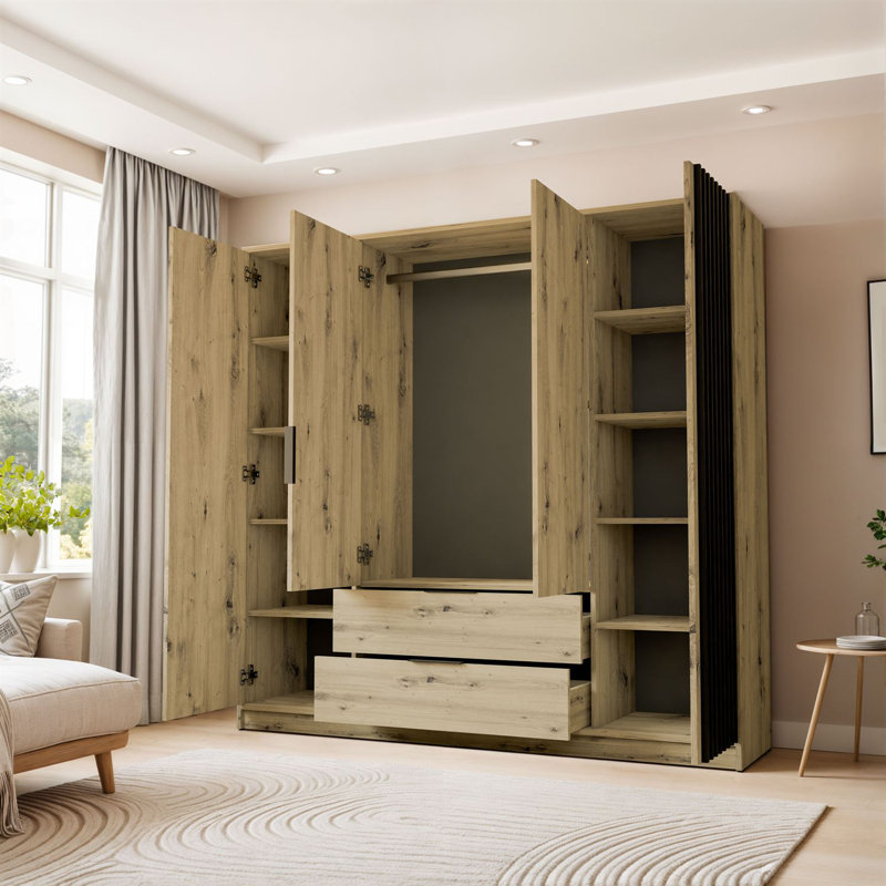 Theroux 4 Door Solid + Manufactured Wood Wardrobe, Oak Artisan/Lamela Black