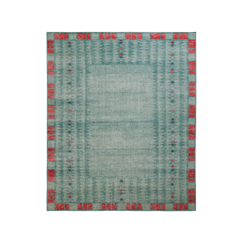 Rug & Kilim’S Distressed Scandinavian Rug In Blue Geometric Pattern, Blue/Red, Rectangle 6' x 9'