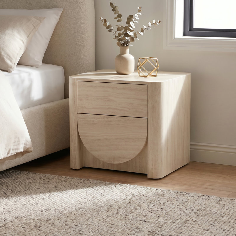 Modern Faux Travertine Nightstand With 2 Drawers, Solid Wood & Engineered Wood Bedside Table, Fully Assembled Marble-look End Table For Bedroom, 24.4" W X 19.7" D X 22" H