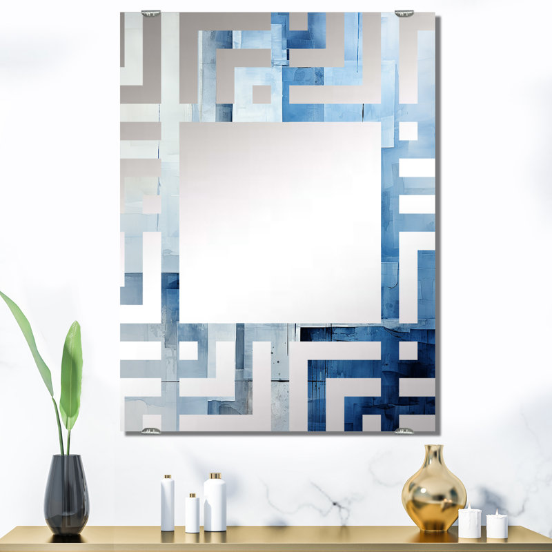 White and blue Nautical Geometry collage - Coastal Minimalism Wall Mirror, 40" x 30"